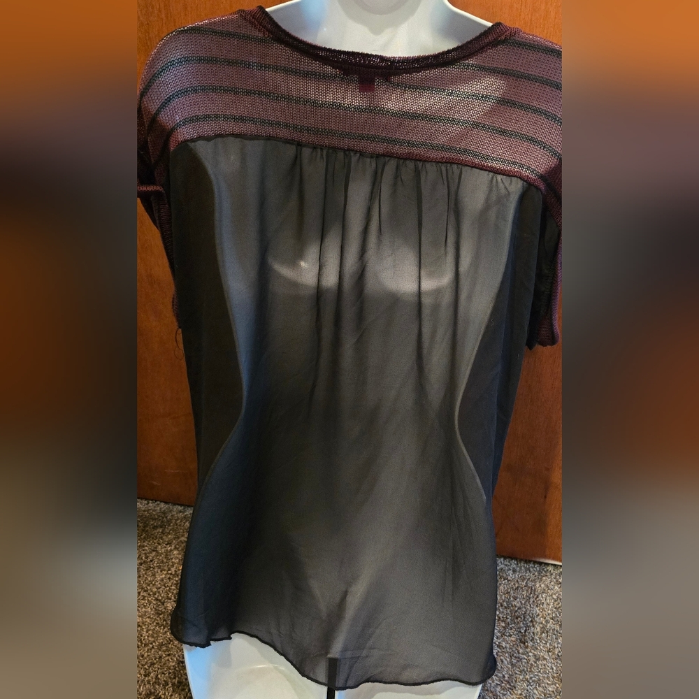 BONGO Black & Burgundy Striped Sheer Short Sleeve Skull Tee SzXL - Picture 6 of 7
